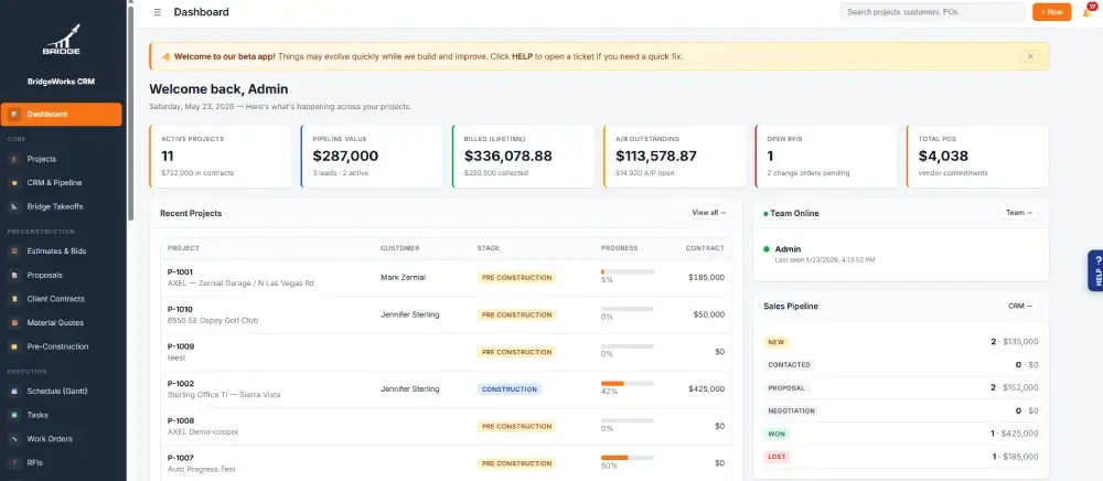 Construction CRM dashboard showing active projects, pipeline value, billing and sales pipeline stages