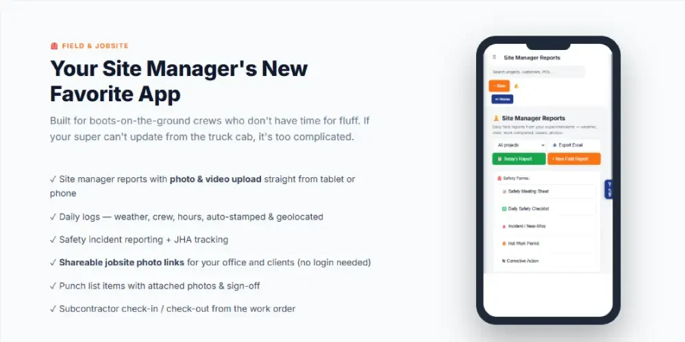 Mobile field app for site managers with daily logs, photo upload and safety reporting