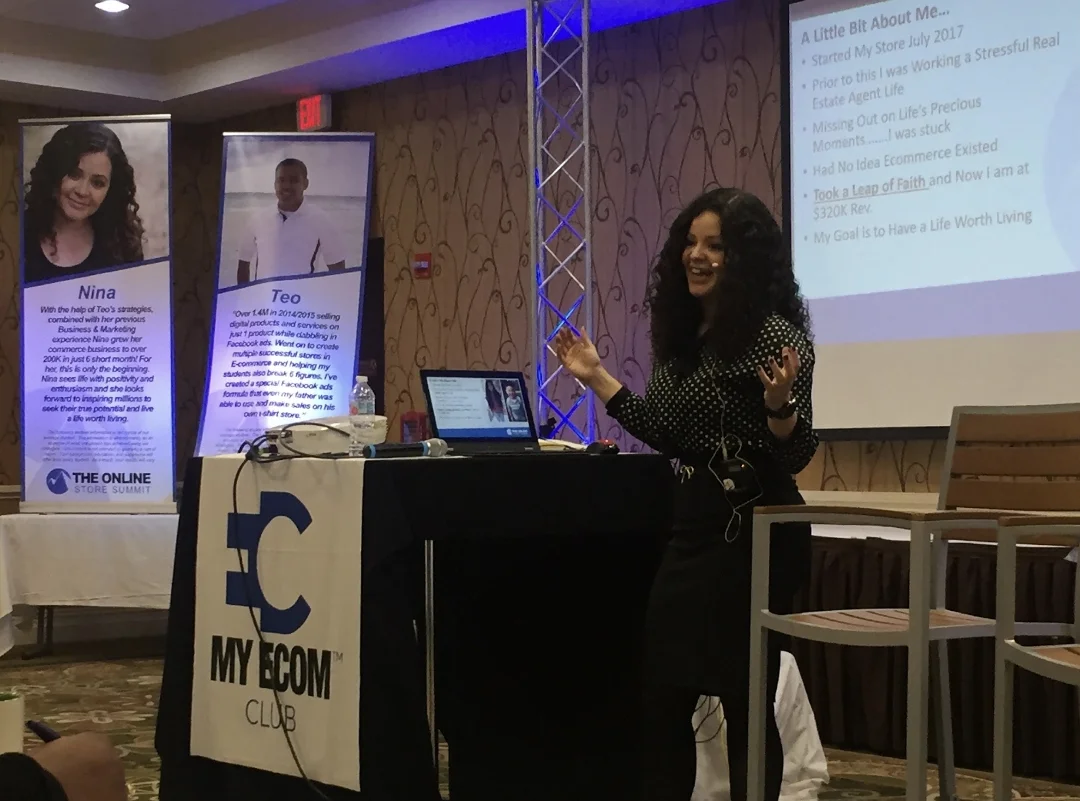 Nina Morfin speaking on stage at an ecommerce summit